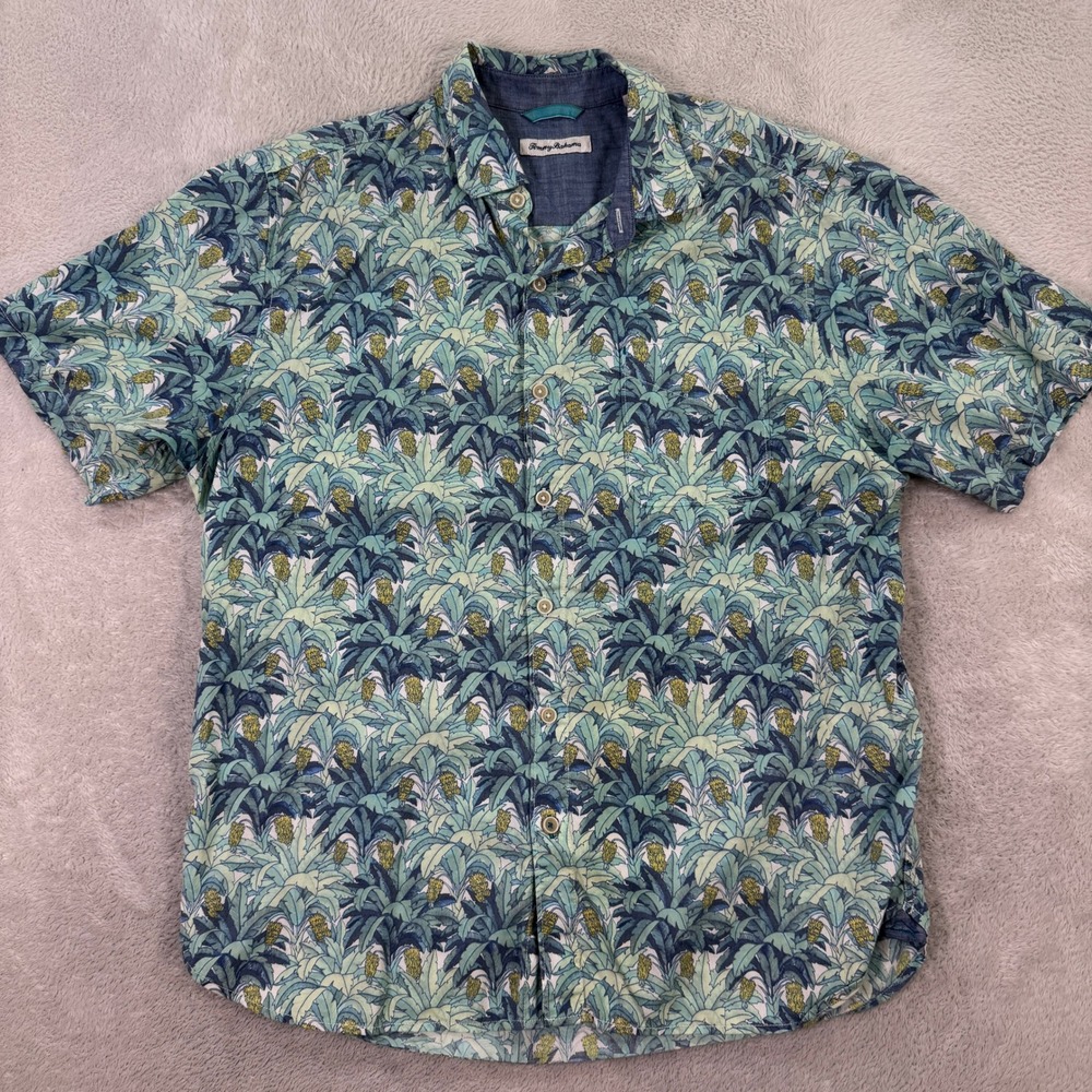 Tommy Bahama Mens Large Pineapple Palm Tree Hawaiian Shirt Tencel‎ Cotton Casual